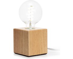 Lampvoet, kubus, kabel met schakelaar, E27, 60 W, IP20, eikenhout, 90 mm x 90 mm