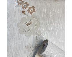 Landelijk Bloemen Behang Beige Zandkleur – Glitter Vliesbehang Afneembaar – 10,05 x 0,53 m