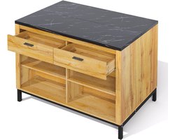 Landelijk Kookeiland met Bar 120 cm - Eiken Look & Zwart Marmer Blad - Met 2 Laden & 4 Open Rekken - Barzitje aan Achterzijde