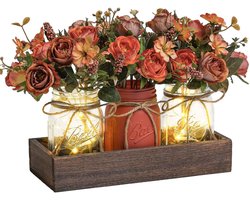 Landelijk LED glazen pot tafeldecoratieset van 3 stuks – houten bak met kunstrozen en zomerbloemen – handgemaakte bloemdecoratie voor eettafel, woonkamer en bruiloft, landelijke stijl in oranje en wit