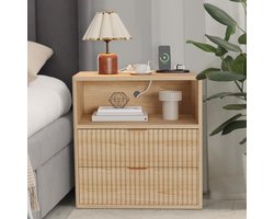 Landelijk nachtkastje met geribbelde front en oplaadstation – Mid-century modern nachtkastje hoog 23 inch met 2 laden – Houten bijzettafel voor slaapkamer, bank en kantoor – 60×58×40 cm – Houtkleur