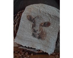 Landelijk shabby doekje met afbeelding kalfje gekleurd/Shabby linnen doekje kalfje- stoer sober- wonen- sfeervol