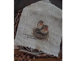 Landelijk shabby doekje met afbeelding roodborstje op nest gekleurd/Shabby linnen doekje roodborstje