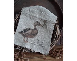 Landelijk shabby linnen doekje met afbeelding eend gekleurd/Shabby doekje eend gekleurd