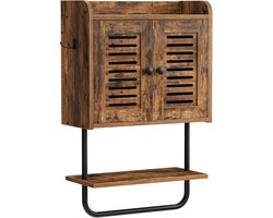 Landelijk Wandkastje met Deuren - Houten Badkamerkast - 3-Lagen Opbergkastje - Verstelbare Plank - Dubbele Handdoekstang - 2 Haakjes - Rustieke Bruine Afwerking - Badkamer & Woonkamer Organizer