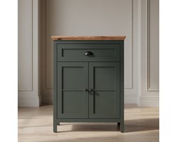 Landelijke Commode Opbergkast Halmeubel met 2 Deuren en Volledig Uittrekbare Lade – Dennengroen / Evoke Eiken – 77 x 102 x 39 cm – Landhuisstijl | Mobili Bella