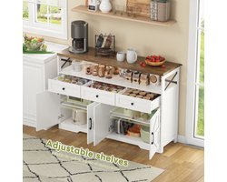 Landelijke dressoir kasten 140 cm met Opbergruimte - Koffiebar met 3 Lades, Deurconsole met Planken, Wit/Bruin, Geschikt voor Keuken/Woonkamer/Gang