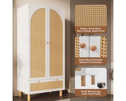 Landelijke Garderobekast 2 Deuren met Rotan en Grote Lade – Wit – Hoogte Verstelbare Planken en Kledingroede – Kantelbeveiliging – 180 x 85 x 52 cm –