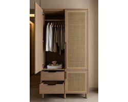 Landelijke Kledingkast met Hangstang en 2 Lades – 2-Deurs Garderobekast met Rotan Look (PE Rotan) – Compacte Ruimtebesparende Opbergkast voor Slaapkamer, Kinderkamer en Woonkamer – 80 x 52 x 176 cm Mobili Bella