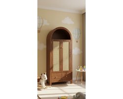 Landelijke Kledingkast Walnoot met Rotan Vlechtwerk, 2 Deuren, 2 Laden en Kledingstang – House&Garden – Boogvormige Open Plank, Robuust en Veilig, 181 x 78 x 45 cm – Slaapkamer & Halmeubel