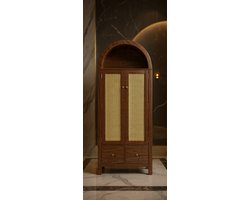 Landelijke Kledingkast Walnoot met Rotan Vlechtwerk, Open Halfronde Plank, 2 Laden & Kledingstang – Boogvormige Designkast met Magneetsluiting en Kantelbeveiliging – 181 x 78 x 45 cm - House&Garden