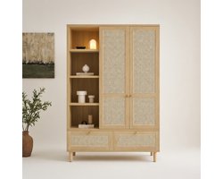 Landelijke Rotan Kledingkast Eikenlook – 2 Deurs Garderobekast met Open Vakken, Kledingstang & 2 Lades, Soft Close & Verstelbare Poten (180x120x50 cm) Medahomestore