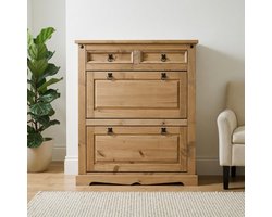 Landelijke Schoenenkast Massief Grenenhout – Schoenenkast met 2 Kleppen & 2 Lades – Hal Meubel 16 Paar Schoenen – Mexico Stijl Schoenrek voor Entree 100x110x26 cm Ganeey