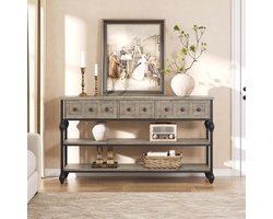 Landelijke Sidetable - Console Tafel met 3 Laden en 2 Open Schappen - Smalle Haltafel met Romeinse Metalen Poten - Grijs - 134 x 30 x 77 cm