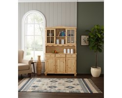 Landelijke Vitrinekast – Massief Houten Buffetkast van Grenen – Keuken- & Servieskast met Glazen Deuren – 3-Deurs Toscane Stijl Opbergkast – Natuur Gelakt – NoviHome