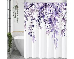 Lang Douchegordijn 72 x 78 - Paars Bloemen Douchegordijn voor Badkamer - Aquarel Plant Eucalyptus Bladeren Stoffen Douchegordijnset met Haken