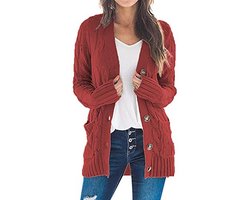 Lang Gebreid Dames Vest - Elegant Open Front Cardigan met Knopen en Zakken
