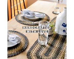 Lange primitieve tafelloper jute gevlochten – handgemaakt met zwart, bruin en crème tinten, natuurlijke textuur voor eettafel en interieur