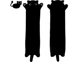 Lange Zachte Pluche Kat Kussen - Knuffelig Sierkussen - Groot & Schattig Cadeau (Zwart, 70 cm)