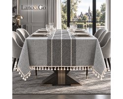 Lano&Go Tafelkleed Katoen Linnen Modern Streep met Kwastjes, Stof Tafelkleed Waterdichte Keuken Decoraties Wasbaar Keukentafel Cover Voor Eettafel (Grijze strepen, Rechthoekig/Ovaal, 6-8 zitplaatsen)