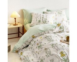 Lanqinglv Bed Linen 135 x 200 cm Green White Leaves Flowers Plants Reversible Bed Linen Set Colourful Duvet Cover with Zip and 1 Pillowcase 80 x 80 cm, Oeko-Tex Certified & Suitable for Allergy