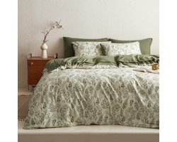 Lanqinglv Bed Linen 135 x 200 cm Green White Leaves Flowers Plants Reversible Bed Linen Set Colourful Duvet Cover with Zip and 1 Pillowcase 80 x 80 cm, Oeko-Tex Certified & Suitable for Allergy