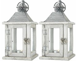 Lantaarn - 2x - hout - windlicht - kaarsenhouders - wit - 13 x 25 cm - Landelijke woonstijl
