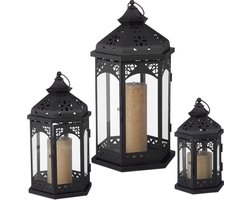 lantaarn - 3 stuks - metaal - binnen en buiten - 3 groottes - vintage windlicht - voor kaarsen - zwart