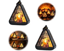 Lantaarn – Decoratieve Halloween-verlichting – Tafeldecoratie – Vintage stijl – Heksenmotief – Driehoekig – Ophangbaar – Geschikt voor woonkamer, slaapkamer, kantoor, kinderkamer – Zwart