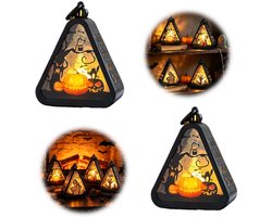 Lantaarn – Decoratieve Halloween-verlichting – Tafeldecoratie – Vintage stijl – Pompoenmotief – Driehoekig – Ophangbaar – Geschikt voor woonkamer, slaapkamer, kantoor, kinderkamer – Zwart