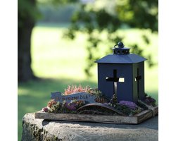 Lantaarn graflicht kruis raam metaal antiek grijs 13 x 27cm