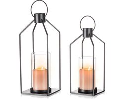 Lantaarn grote moderne decoratie - set van 2 kaarsen lantaarn zwart metaal windlicht lantaarn vintage voor buiten tuin balkon binnen Kerstmis bruiloft tafeldecoratie