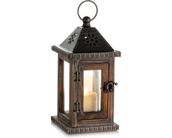 Lantaarn houten houten lantaarns voor kaarsen - windlicht tuinlantaarn hangende kandelaar landhuis decoratie vintage ornament binnen buiten lantaarns voor bruiloft en Kerstmis tafeldecoratie bruin, 28 cm