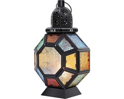 Lantaarn kandelaar, Marokkaanse stijl, metaal, windlicht, decoratieve lantaarns met handvat & 24 stuks glasschilderij, decoratieve kandelaar, tuinlantaarn voor woning, buiten, Kerstmis,