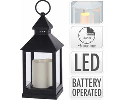 Lantaarn - met LED kaars - 23 cm - zwart