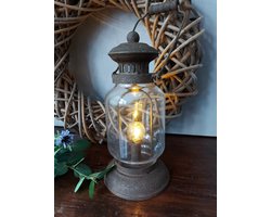 Lantaarn metaal roest look met handvat - Led lamp van glas 'Kilian' met timer - Hoogte 23cm