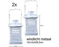 Lantaarn metaal vierkant - windlicht met glas 15x15xH26.5cm wit - 2 stuks - tuin lantaarn - tafellantaarn -
