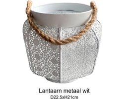 Lantaarn opengewerkt metaal wit - met een hengsel van touw - decoratieve lantaarn D22,5xH21cm - kaarsen houder - tafellantaarn - metaal