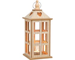 Lantaarn, theelichthouder, hout, glas, naturel (B/H/D) 13x32x13cm