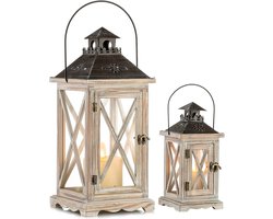 Lantaarn van hout, grote houten lantaarns, windlicht, tuinlantaarn, set van 2 stuks, rustieke landhuiskaarsenstandaard voor kaarsen, vintage, bruiloft, Kerstmis, tafeldecoratie voor binnen en buiten, decoratie, 28 cm/48 cm