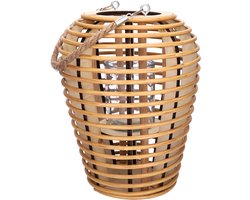 lantaarn windlicht Cannes van rotan - met kaarsglas - handvat - beige - Ø 14/21cm x H 28.5 cm