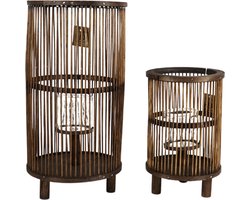 Lantaarn windlicht hout Saigon bruin 40,5 cm set 2 stuks