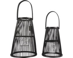 Lantaarn windlicht kaarshouder Camau zwart 34,5 cm set van 2