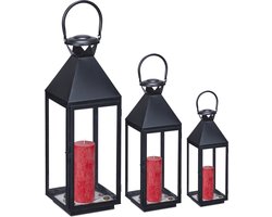lantaarn windlicht - set van 3 - binnen - buiten - 3 groottes - glas - metaal - zwart