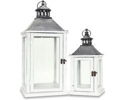 Lantaarnset van Hout en Metaal - 2-delige Tuinlantaarns en Kandelaar - Wit Shabby Vintage
