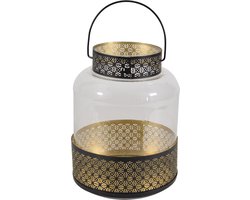 Lantaarn/windlicht zwart/goud Marokkaanse stijl 20 x 28 cm metaal en glas - Gebruik buiten/tuin/woonkamer - Thema Oosters/Arabisch