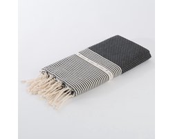 Lantara Hamamdoek Wafel Katoen - Zwart met ecru streepjes - 100x200cm - Saunadoek strandlaken strandhanddoek hamam handdoek reishanddoek