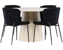 Lanzo eethoek tafel Ø120cm en 4 teddy stoelen whitewash.