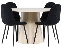 Lanzo eethoek tafel Ø120cm en 4 teddy stoelen whitewash.