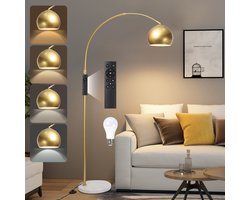 Lapamax Booglamp met Verstelbare Metalen Kap - 12 W Dimbare Vloerlamp met Afstandsbediening - Marmeren Voet - 3000-6500 K - Goud